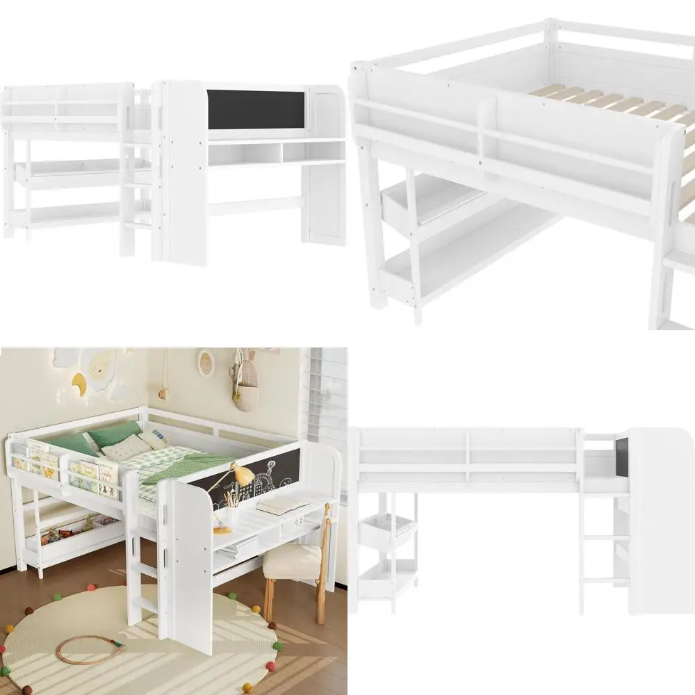 

Универсальная детская кровать-чердак с местом для хранения, столом и доской для рисования, из массива дерева, белая (11.12)