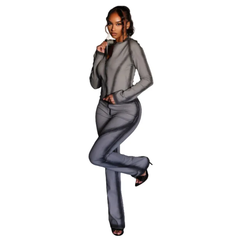 Printed 2 Piece Set Women Fashion O Neck Long Sleeve Zip-up Slim Jackets Tops + Slim Flare Pants Casual Streetwear Suits