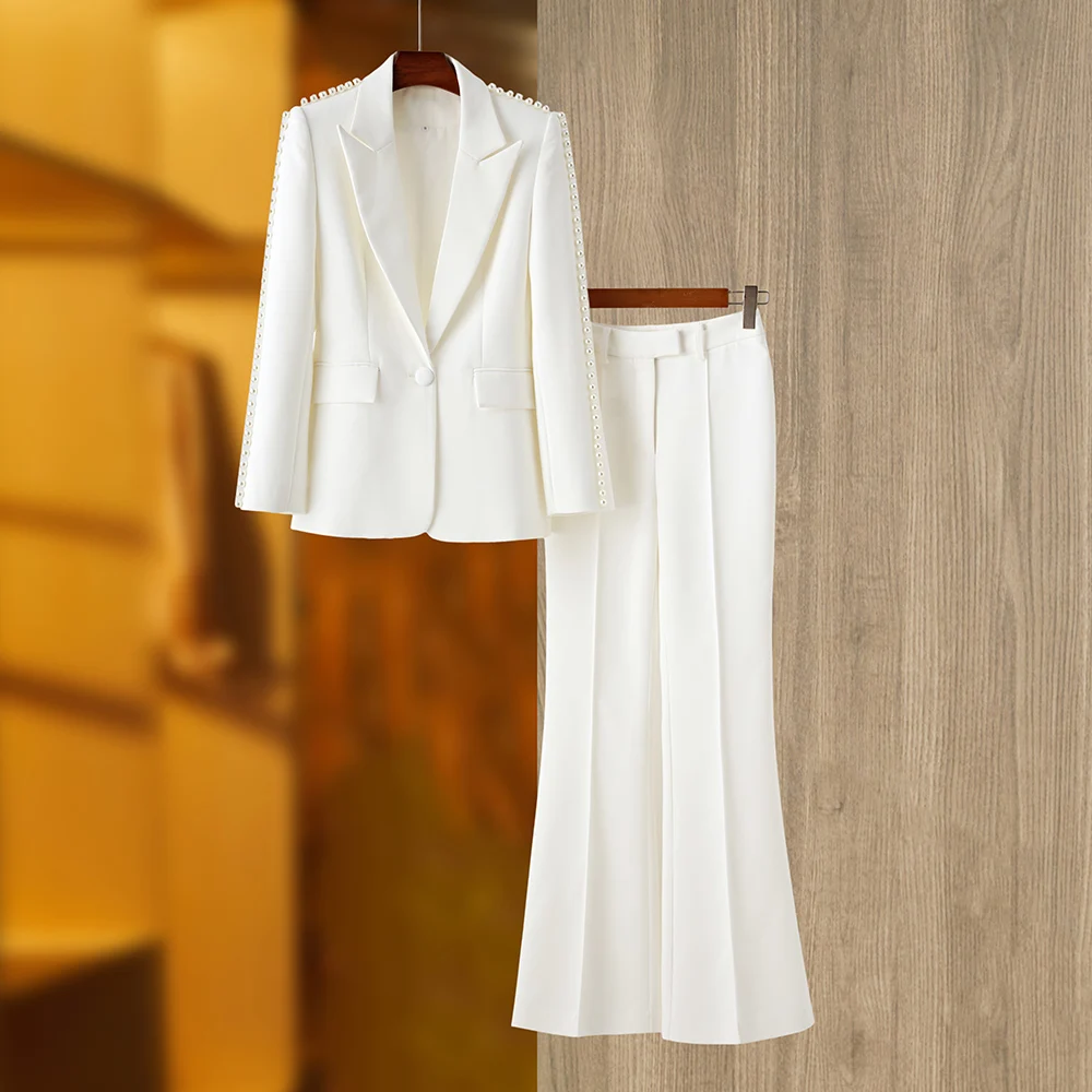 Unique Stunning Runway Design Pearl Beaded White Blazer Suit 2Pcs Flare Pants Sets Women Fashion Clothing