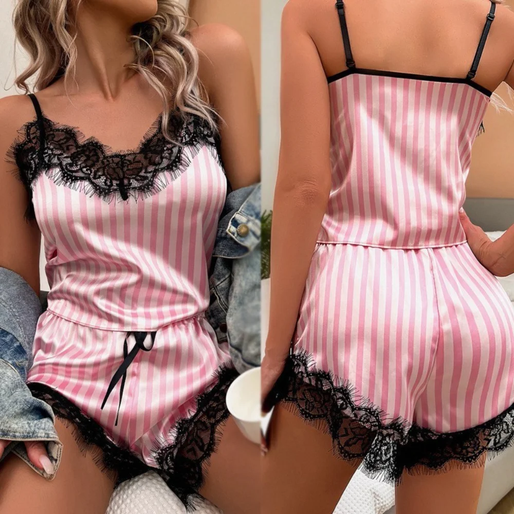 

1pcs Cross-border European and American women's sexy pajamas two-piece set of non-elastic satin striped loungewear.