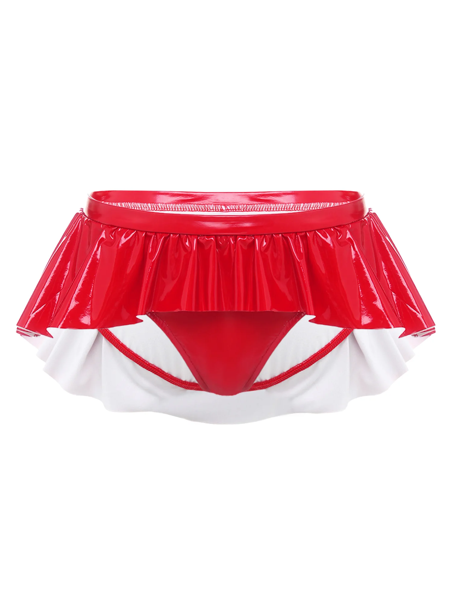 Womens Wet Look PU Leather Micro Panties Low Rise Irregular Ruffled Skirted Panties for Bachelorette Vegas Strip Show Attire