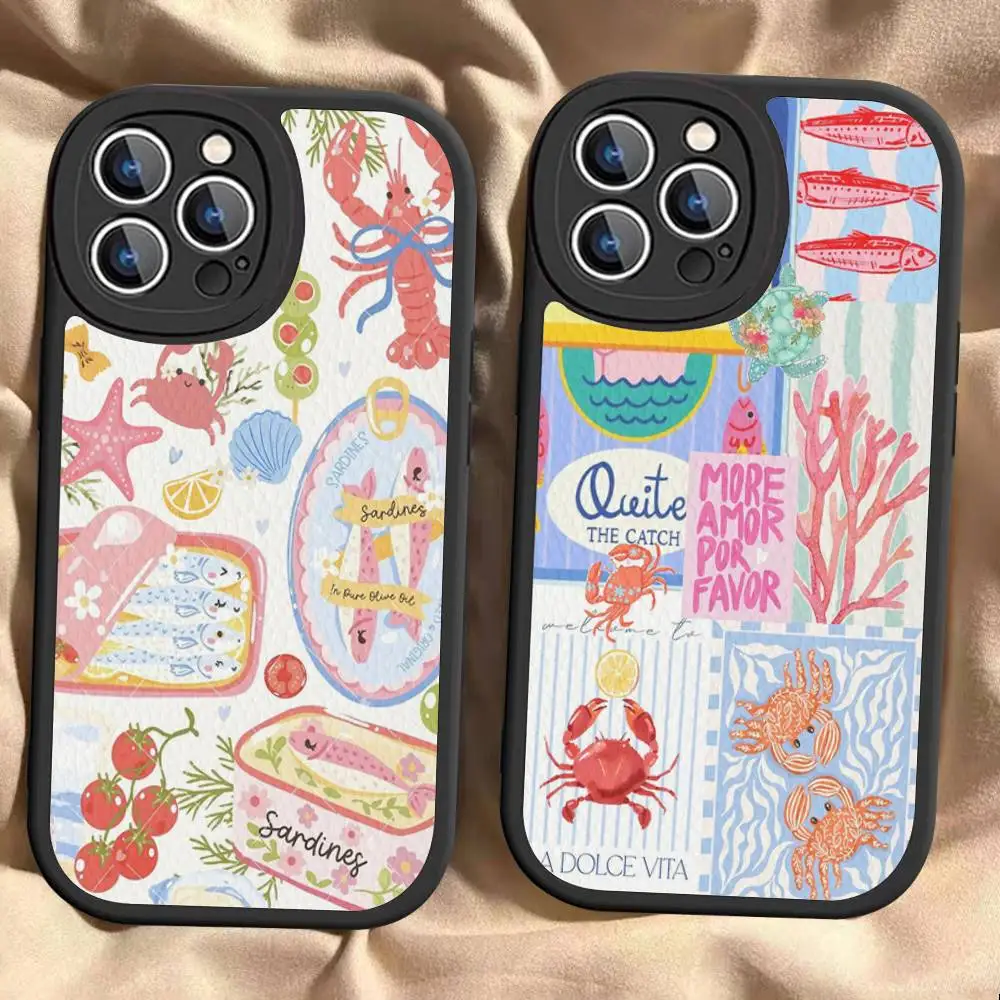 Colorful Sardines Leather Phone Case For IPhone 16 16e 15 14 13 12 11 Pro Max Plus Mini Cover
