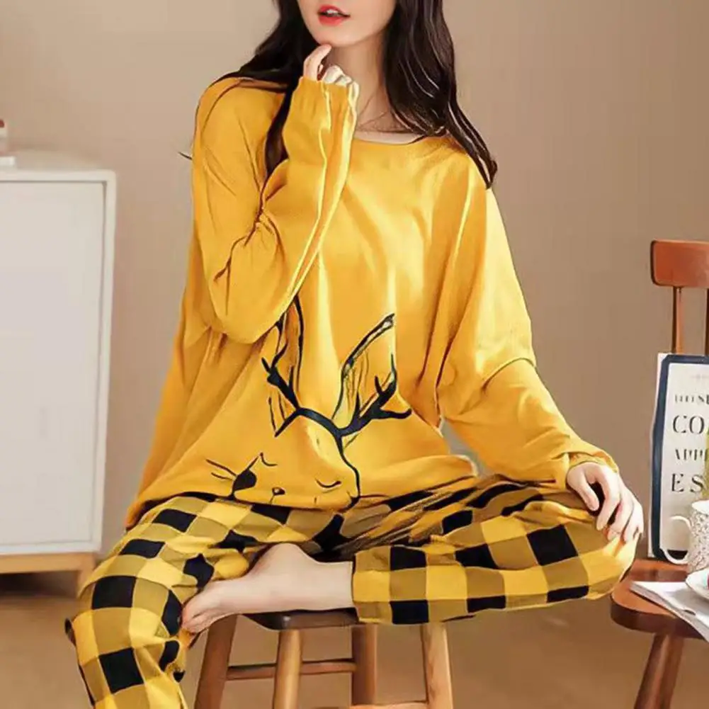 2Pcs/Set O-Neck Long Sleeve Mid-Rise Elastic Waistband Loose Pajamas Set Girls Cartoon Print Pullover Blouse Long Pants Set