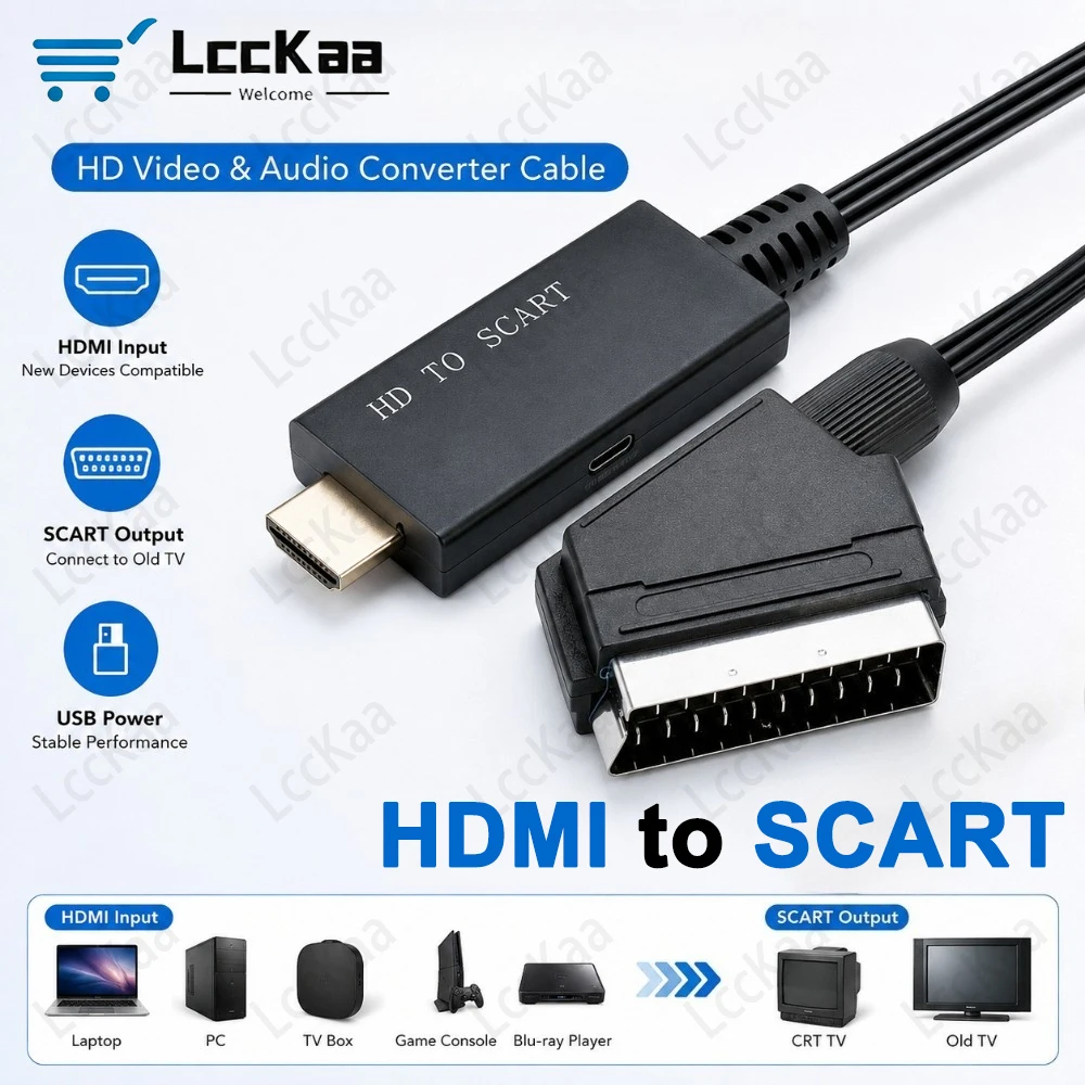 1m HDMI To SCART 1080P Converter HD Audio Video Adapter Cable PAL/NTSC with USB Power for Old TV Retro Game DVD Box Devices