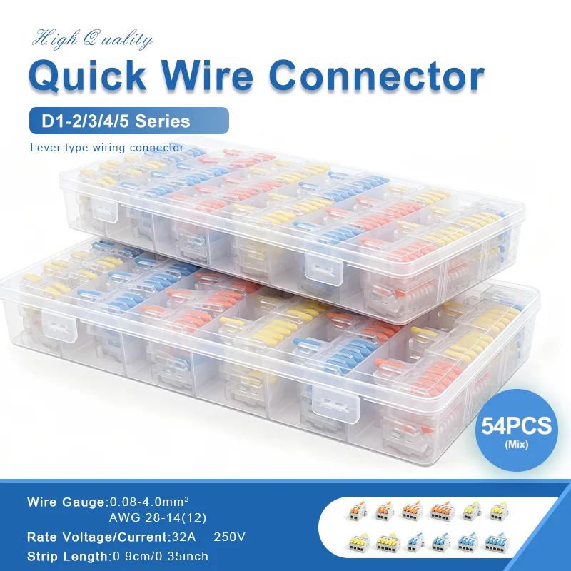 54Pcs  Electrical Wire Connectors Kit Quick Compact Splicing Connectors 1 In 2/3/4/5 Out Inline Splices Terminal Block 28-12 AWG