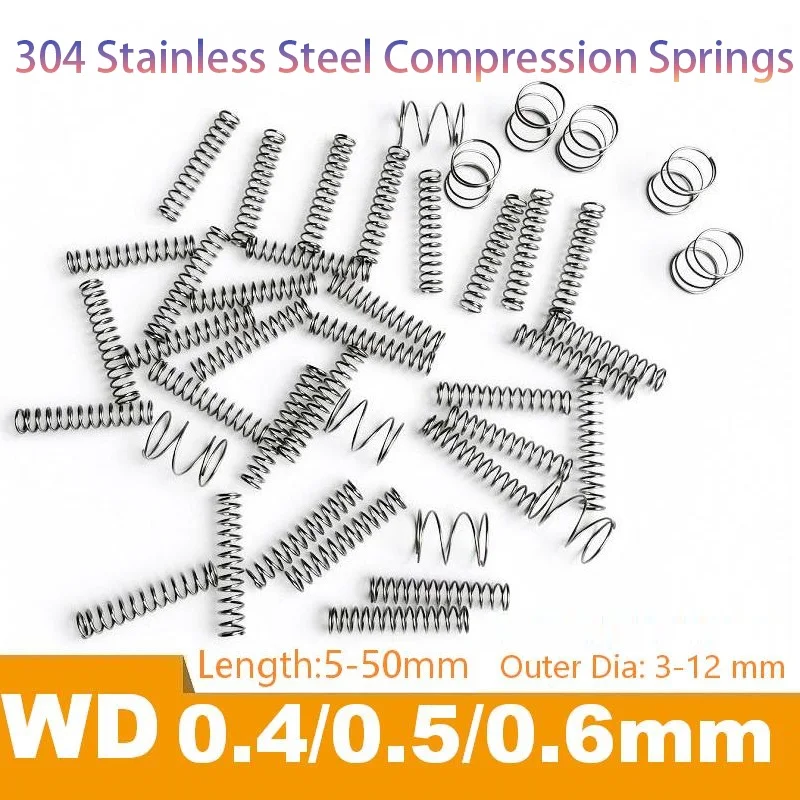 304 Stainless Steel Compression Spring 0.4/0.5/0.6mm Wire Dia OD 3-12mm Length 5-50mm Return Springs Custom Size Available