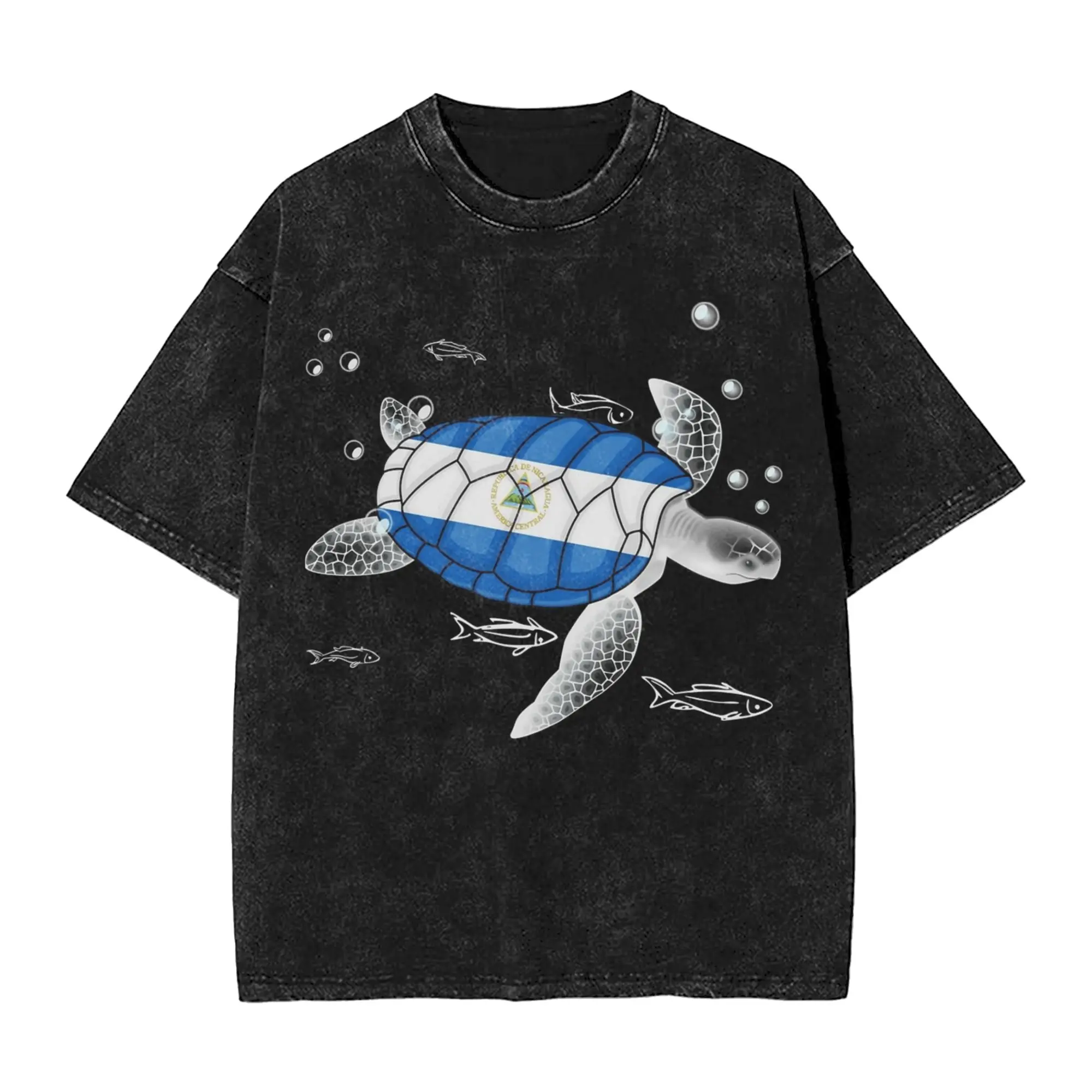 Nicaragua Turtle Flag Washed T Shirt Streetwear Hip Hop Fashion T-Shirts  Tee Shirt Men Women Cotton Harajuku Printed