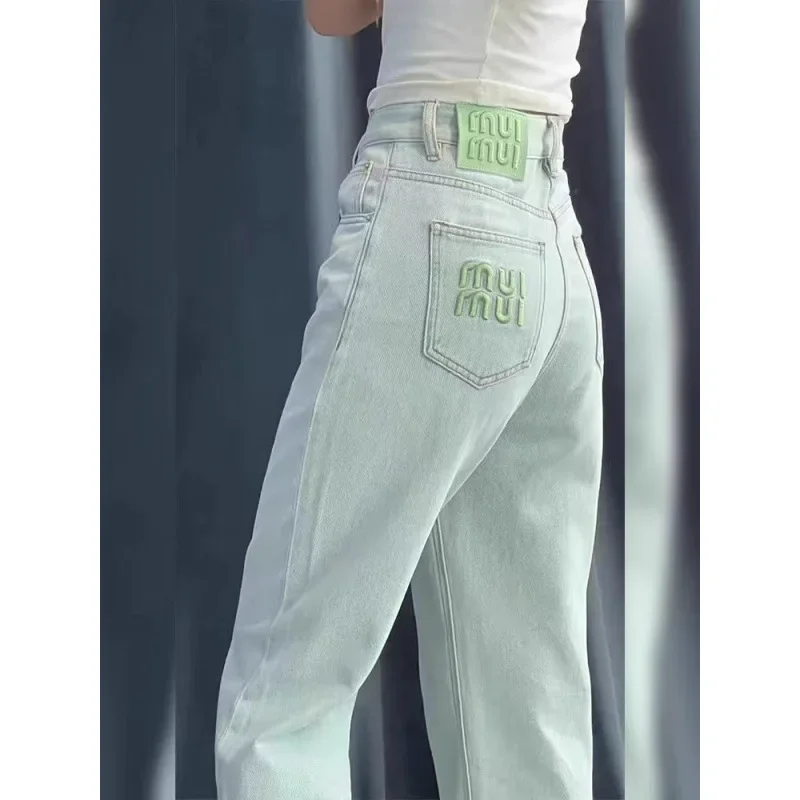 Jeans Women's Fashionable Loose-Fit Petite Summer New Arrival Trendy Embroidered Light Green Straight-Leg Pants