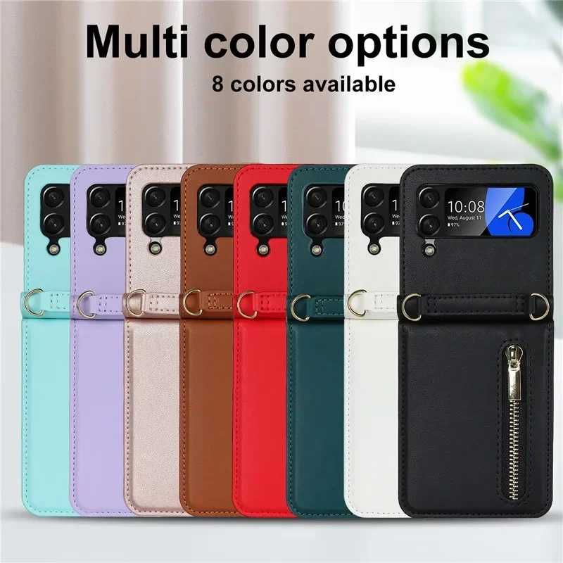 For Samsung Galaxy Z Flip 6 5 4 Case Leather Card Slot Phone Holder Zipper Wallet Bag Crossbody Folding Cover Flip 3 Coque