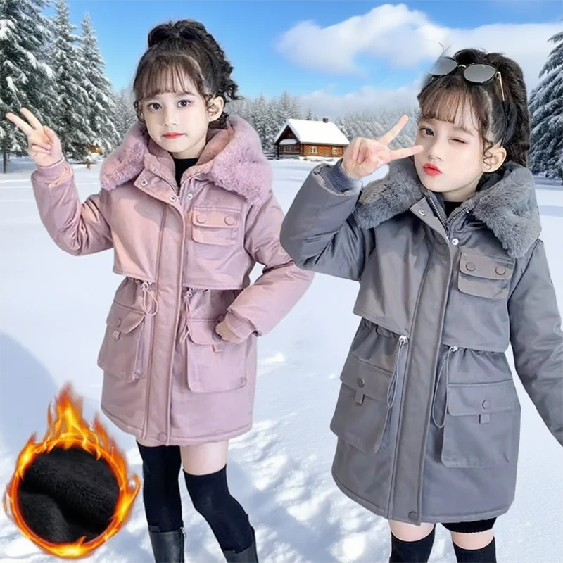 

-20 ℃ Зимние куртки для девочек, детские плюшевые бархатные теплые пальто с меховым воротником, детская модная хлопковая одежда, повседневная верхняя одежда для подростков