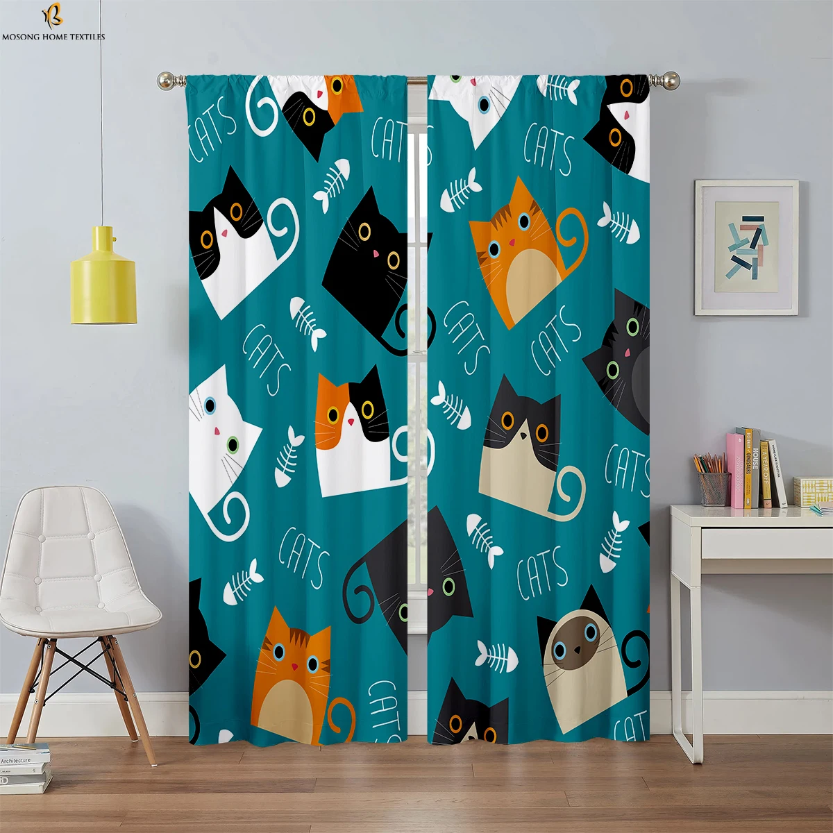 Cartoon Cat Print Curtain Rod Pocket Bedroom Living Room Dining Room Kids Room Decorative Curtains 2 Pieces