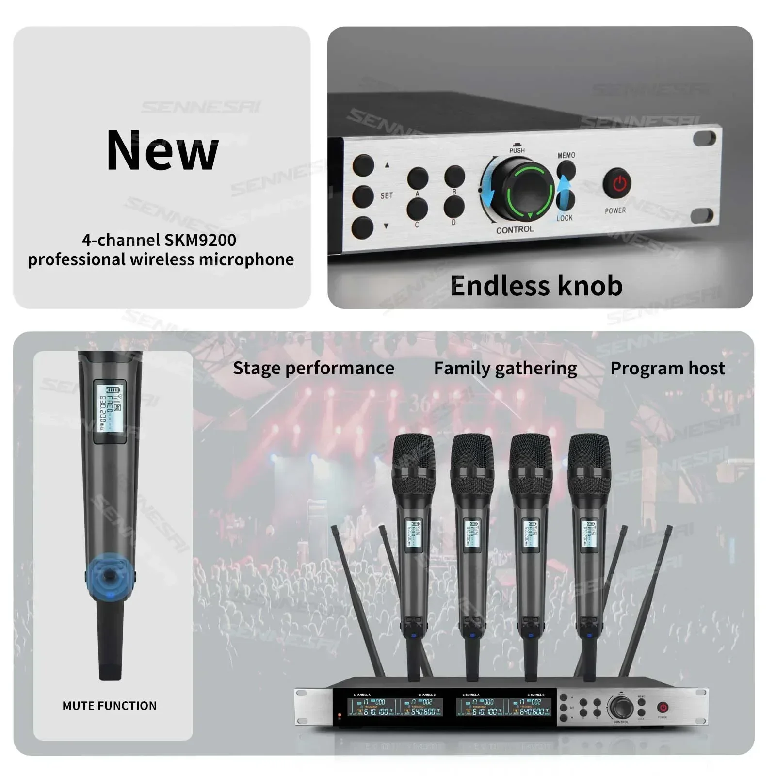SKM9200/9000 Wireless Microphone (Whole Metal)  4 Channels UHF Professional Mic Dynamic Handheld For Party Karaoke Church Stage
