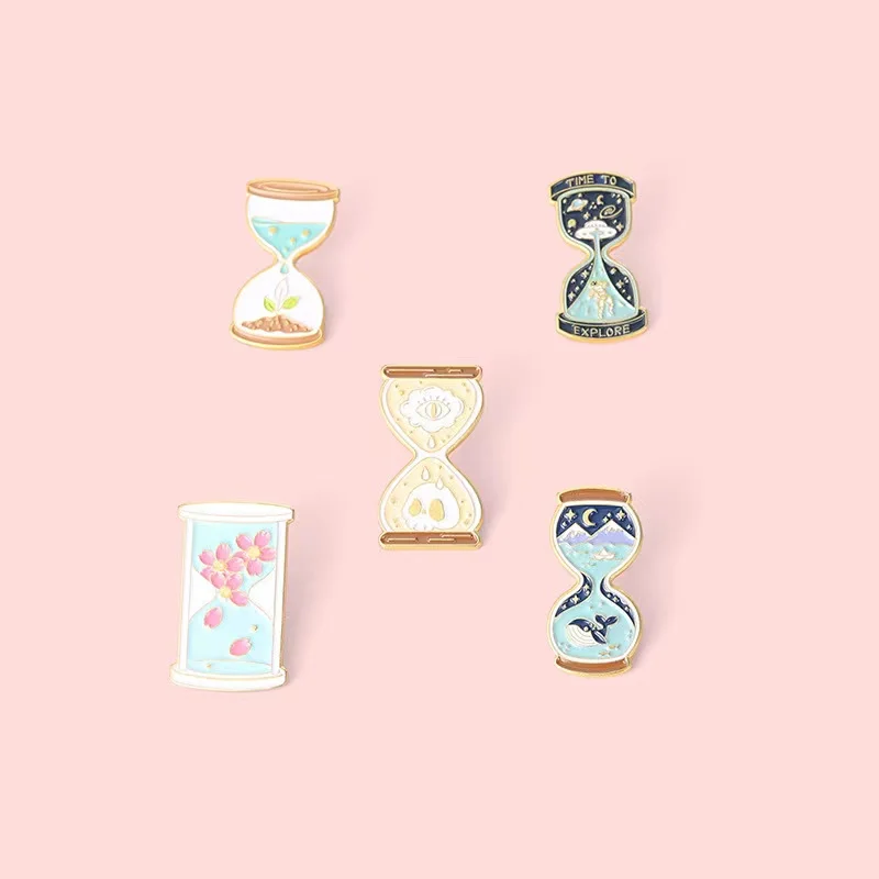 Wholesale Hourglass Enamel Pins Custom Sakura Space Ocean Skull Brooch Lapel Badges Backpack Hat Cartoon Jewelry Gift for Friend