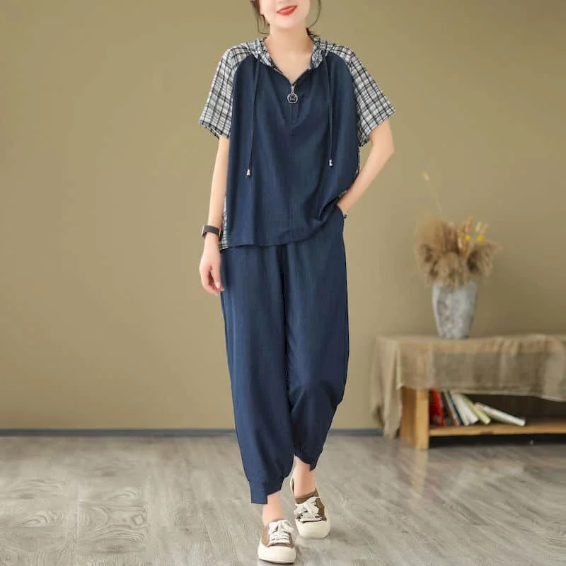 

Комплекты литературных брюк, осенние винтажные футболки из лиоцелла с короткими рукавами и капюшоном, шаровары, комплекты из двух предметов в корейском стиле, женская одежда