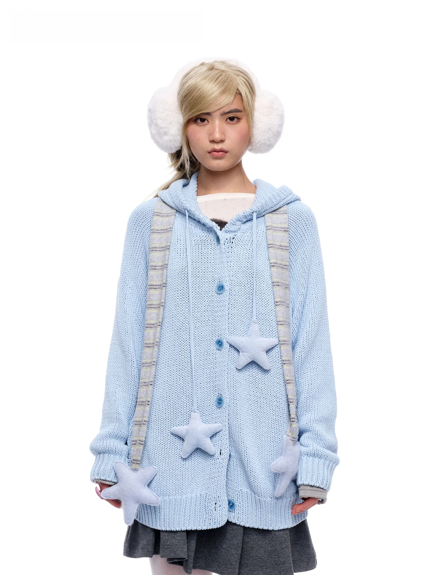 

Вязаный свитер MOF Blue Star с капюшоном, женский, свободный, с длинными рукавами, мягкая верхняя одежда, повседневный, удобный трикотаж для подростков