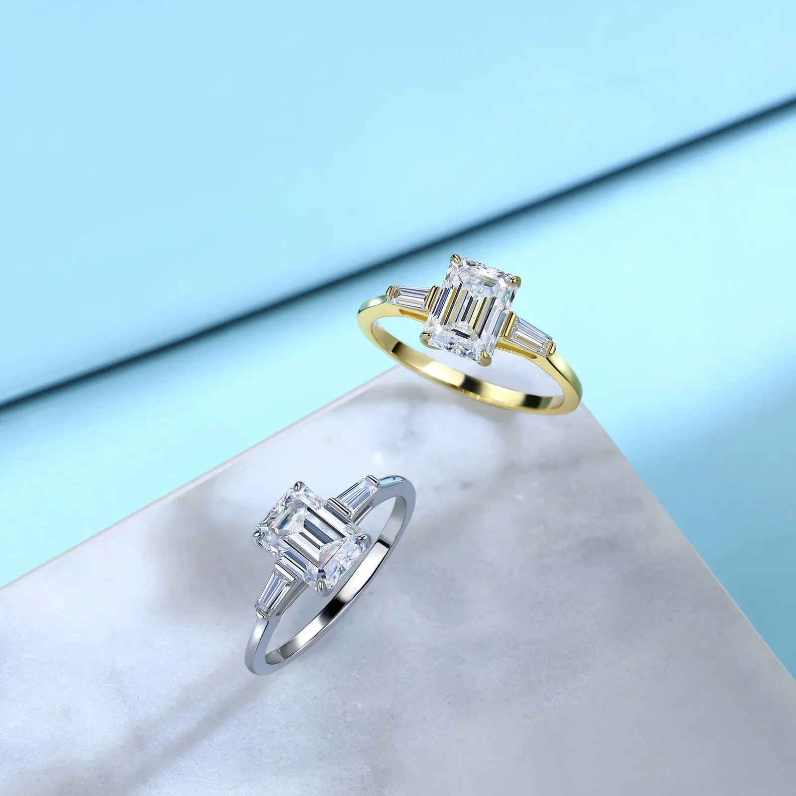 Minimalist Style S925 Sterling Silver 18K Gold-Plated Emerald-Cut Three-Stone Moissanite Ring For Women 2.2ct Free Shipping