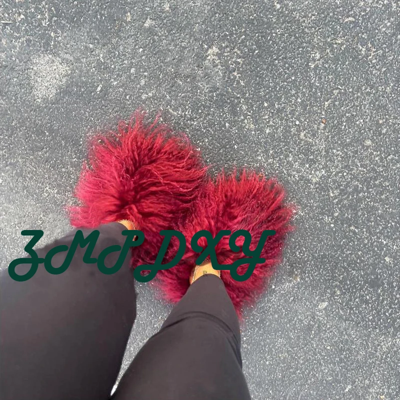 New Fluffy Long Hair Slippers Pink Sheep Fur Slippers Winter Women Plush Flat Shoes Outdoor Indoor Slippers Mongolian Fur Slides