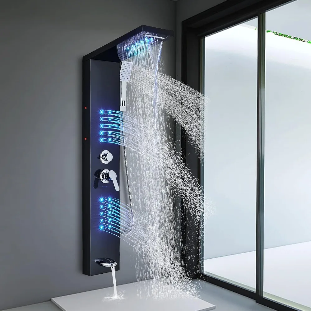 FCOTEEU Shower Panel Tower System with LED Rainfall Waterfall Head LED Full Body Jets System Handheld Shower Tub Spout