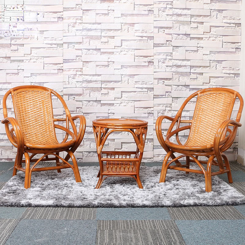 Rattan Chair Three-Piece Real Rattan Woven Balcony Leisure Small Table and Chair Combined Tea Table Single Armchair Rattan Chair