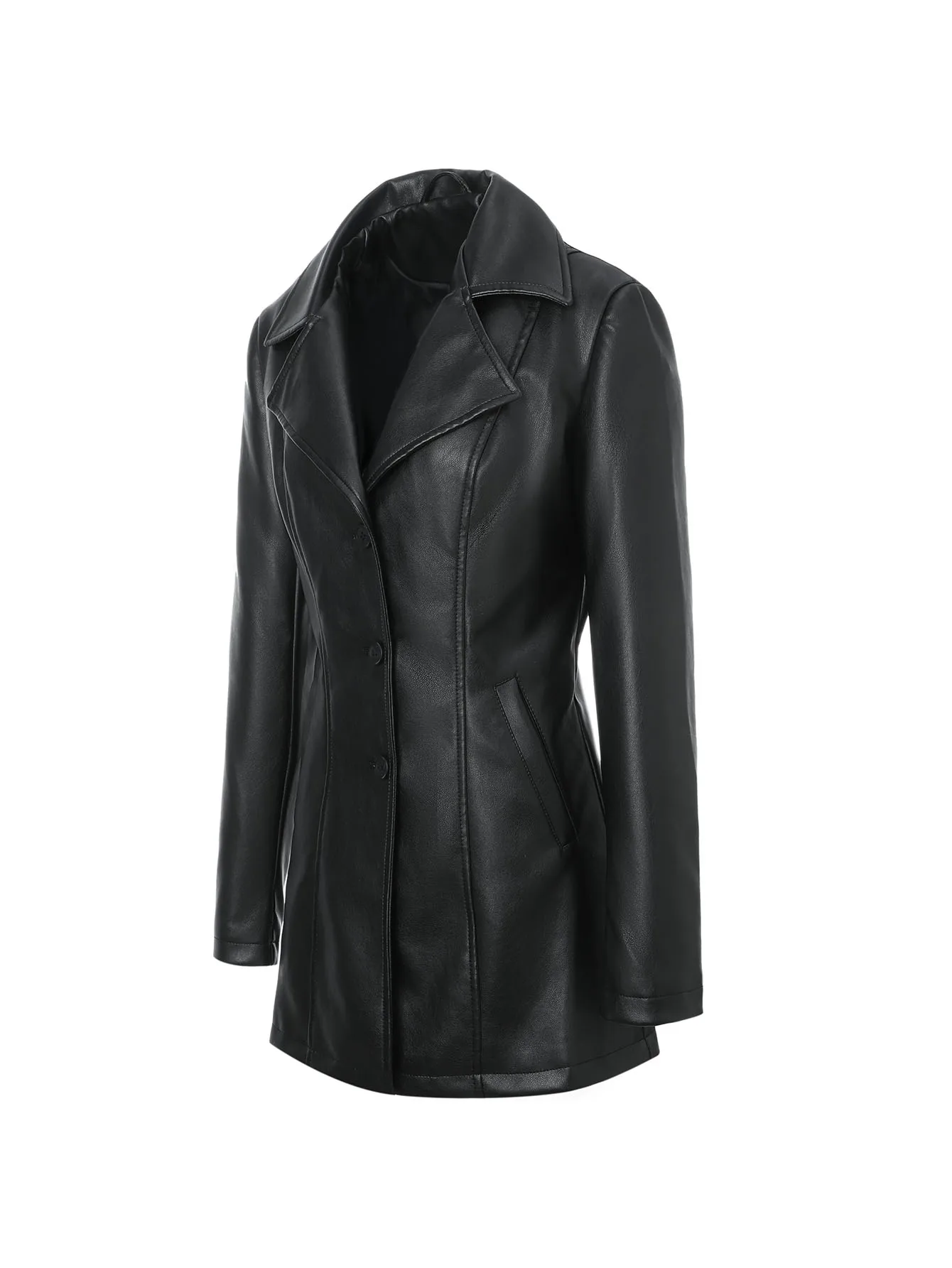 ​ ​   سترة نسائية من البولي يوريثان ذات درزات خلفية مركزية - ياقة مدنية وأزرار بلاستيكية ثلاثية |     جلد صناعي بقصة نحيفة |     أسود |     ربيع الخريف والشتاء