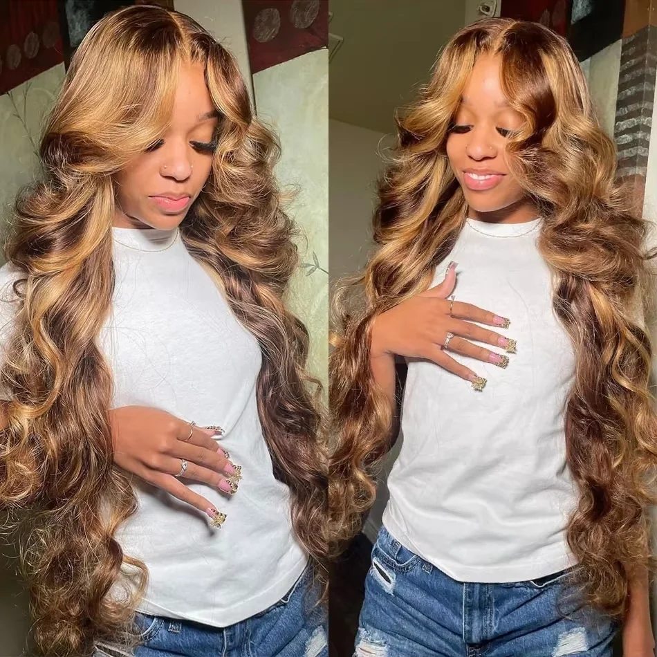 

13x6 Highlight Ombre Body Wave Wigs Human Hair P4/27 Blonde Brown Colored Lace Frontal Wig Preplucked Lace Wig 46 Inch For Women