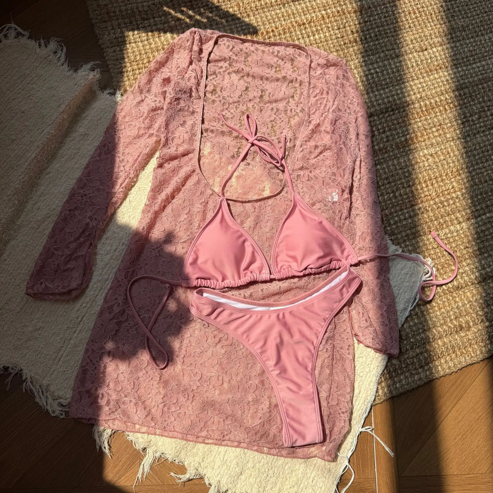 Seksowne, proste zestawy bikini, trzyczęściowe, z długim rękawem, koronkowe sukienki, prześwitujące stroje kąpielowe, kostiumy kąpielowe, stroje plażowe, tankini.