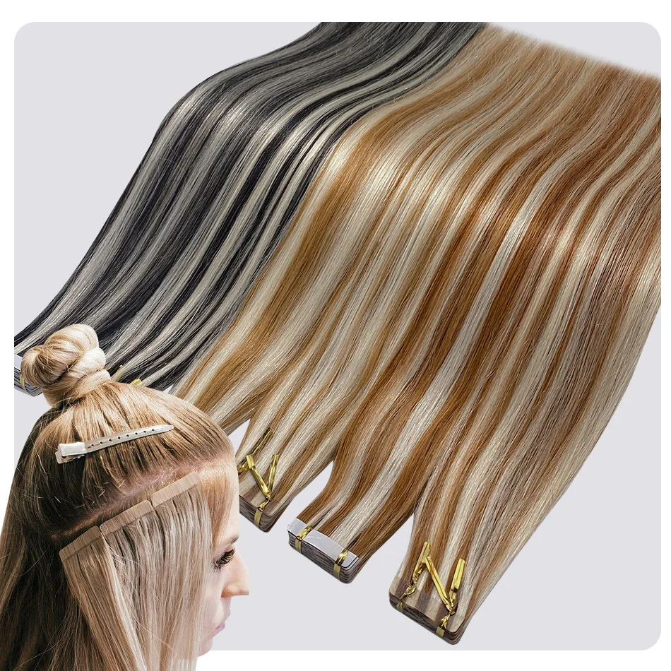 Straight Tape In Human Hair Extensions Natural Hair Extensions 100% Remy Skin Weft Adhesive Glue On For Salon High Quality