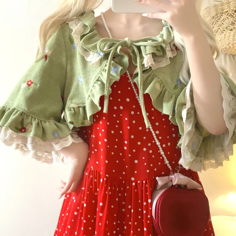 Kawaii Cute Lolita Style Short Cardigan Women Sweet Flower Ruffles Lace-ups Knitted Coat Korean Fashion Casual Crop Cloak Tops