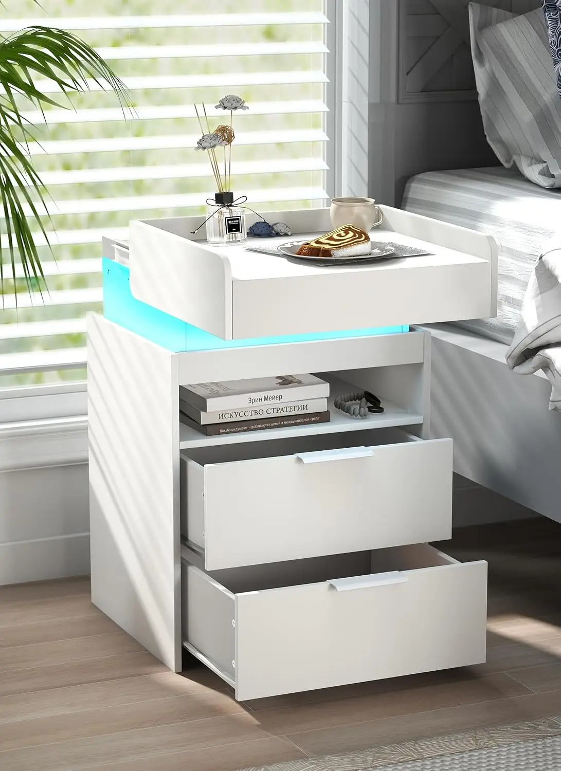 White Nightstand with Charging Station, Hidden Sliding Top Compartment with USB-C, 2 USB Ports & 2 Outlets, Modern Night Stand w
