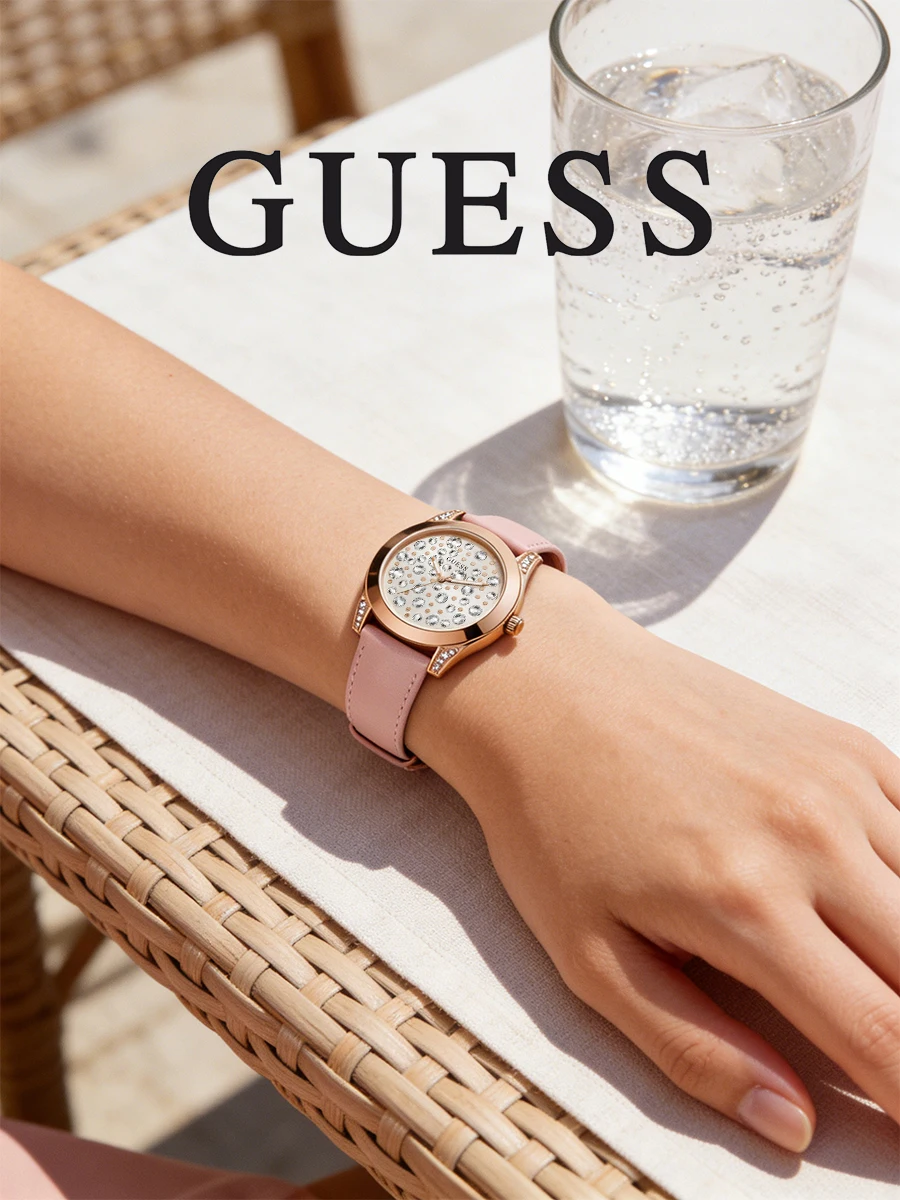 GUESS W1065L1 Women's Watch Round Analog Dial Pink Leather Strap Quartz Watch for Shopping Beach trip Valentine gift