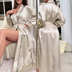 Summer Satin Sleepwear Nightgown Female Long Kimono Bath Robe Gown Sexy Nightdress Spring Loose Casual Home Dressing Gown