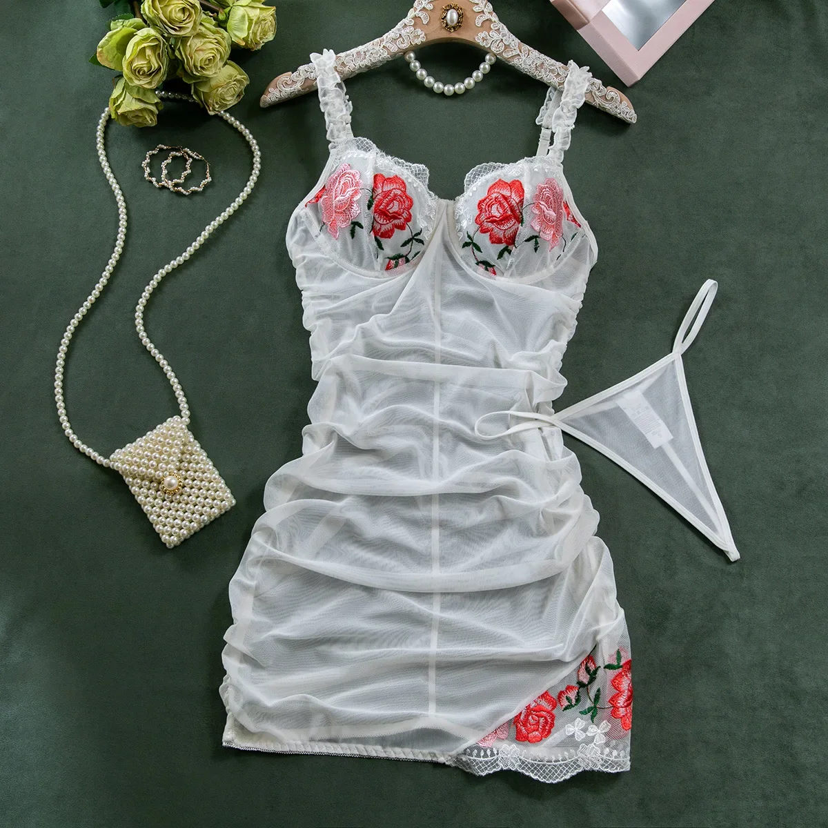 

Женский сексуальный цветочный экзотический комплект, кружевное прозрачное платье с цветочной вышивкой, сетчатый тонкий комплект стрингов для вечеринки, клуба, экзотическая одежда