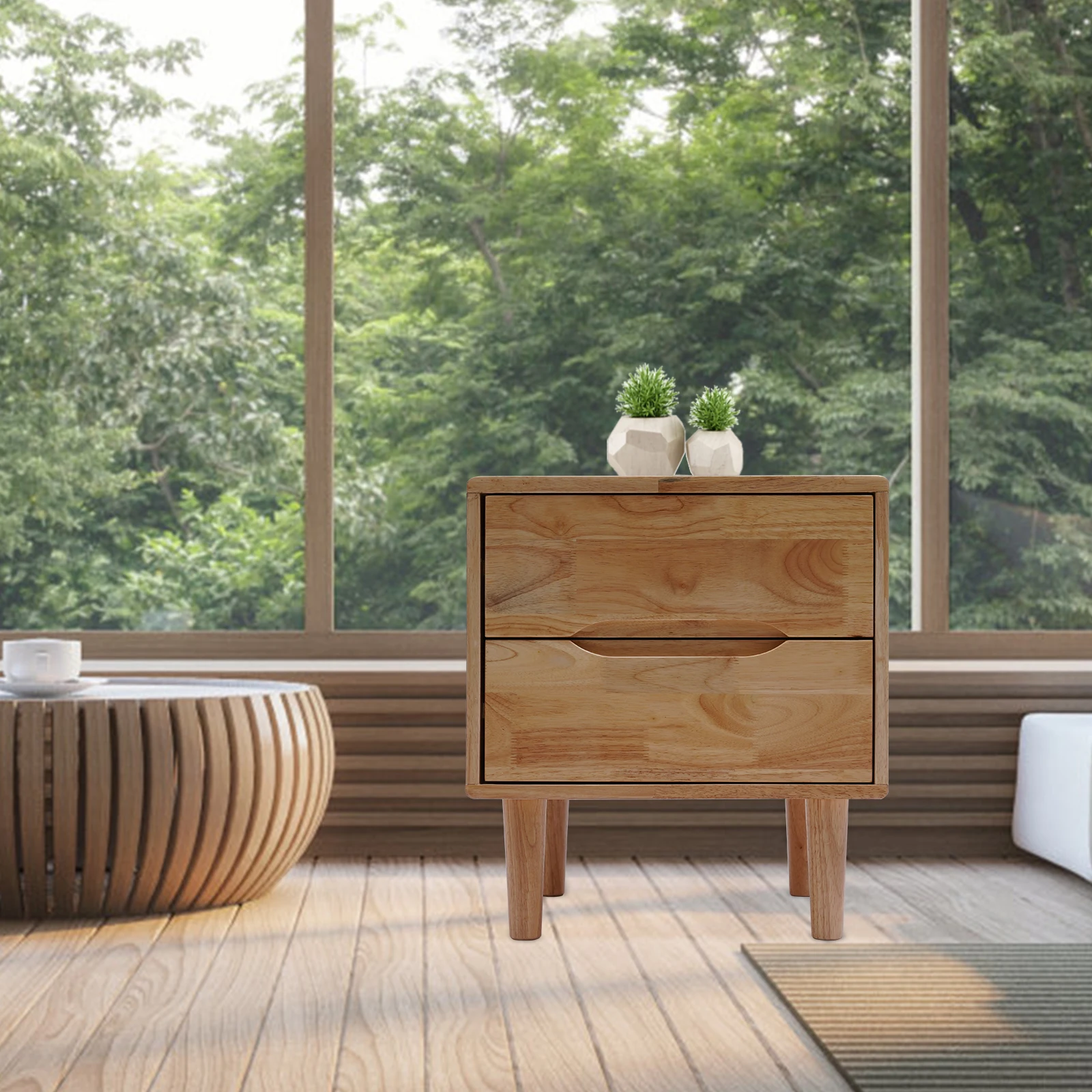 

[Mid Century Modern Wood Nightstand] 2 Drawer Side Table - Rubber Wood - Bedroom Bedside - Durable Stylish