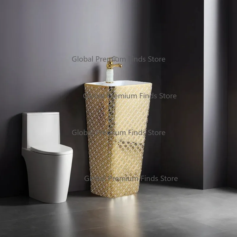 Freestanding Gold Color Rectangular Bowl Pedestal Hand Washing Basin Single Lever Mixer Washroom Stand Hotel Bathroom Countertop