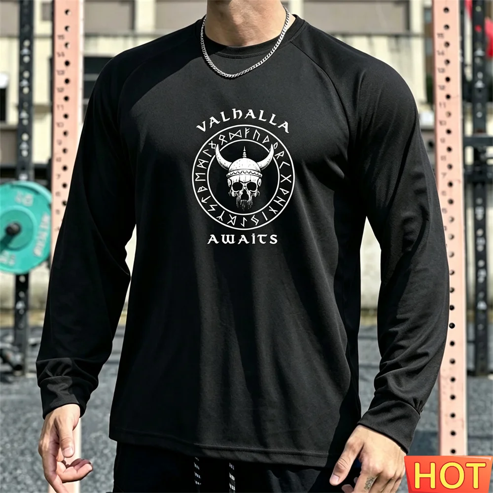 Nordic Warrior Pattern Men's long sleeved Cotton T-shirt Breathable Men Indoor Fitness GYM Autumn Elastic Training men's t-shirt