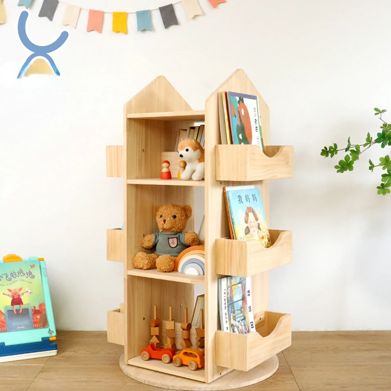 Wooden Rotating Rotating Bookshelf round Bookshelf Library Bookshelf Children Family Bookcase Furniture Display Stand