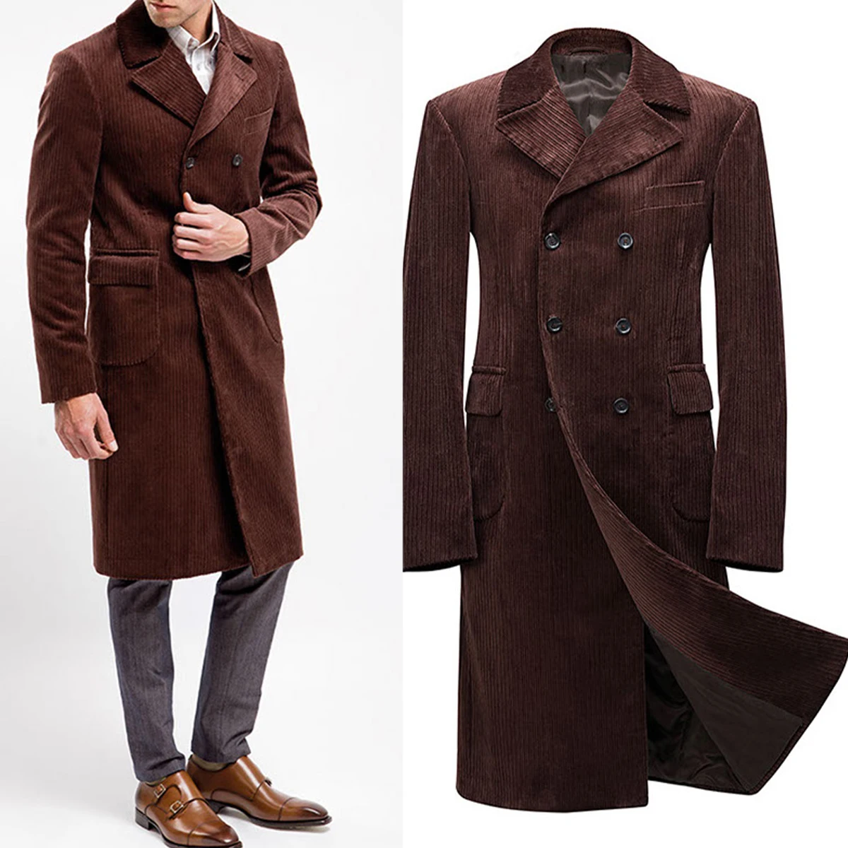 Retro Men's Striped Long Coat Wool Cotton Peaked Lapel Coat Double Breasted 1 Piece Warm Coats Custom Size