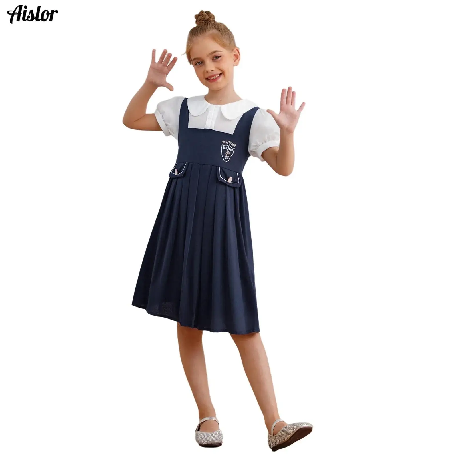 

Kids Girls School Uniform Contrast Color Cute Collar Short Puff Sleeves Belted Pleated Dress for Choir Performance Theme Party