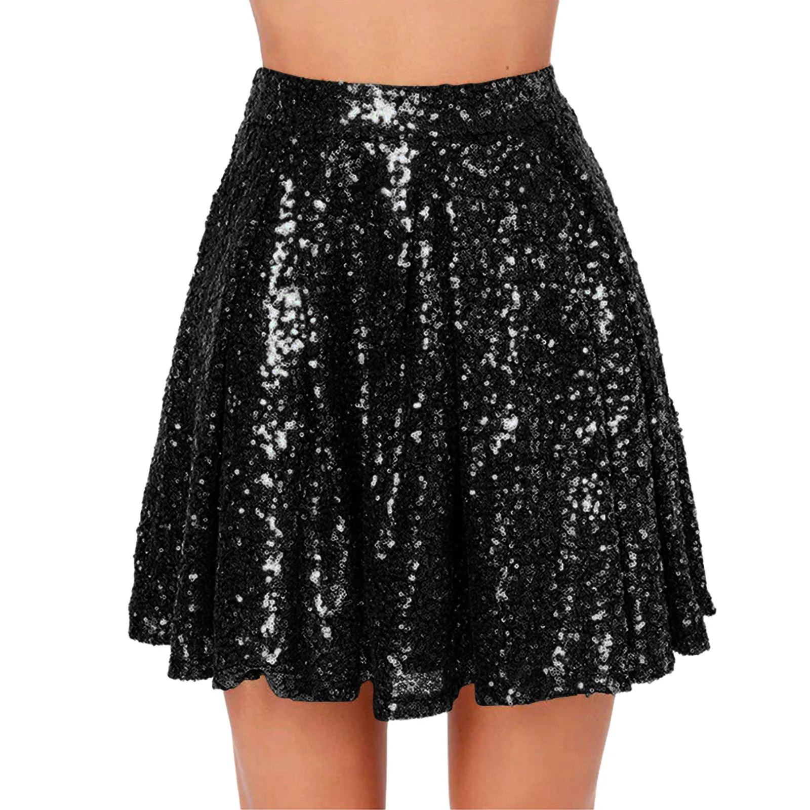 

Women Fashion High Elastic Waist Pleated Solid Color Short Casual Elegant Skirt Loose Sequin Mini Skirt Dancing Party Summer