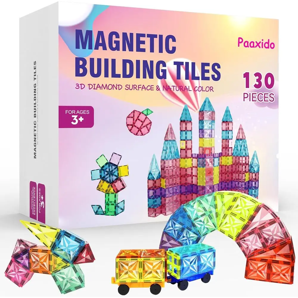

130-Piece Magnetic Building Blocks Set with 2 Cars, 4D Diamond Shapes, STEM Toys for Kids Ages 3-8