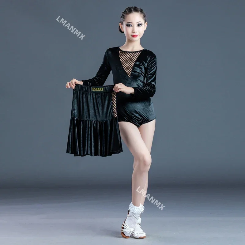 Latin Dance Dress Girls Autumn Winter Training Clothes Velvet Split Skirt Children Long Sleeve Suit Professional Dance Clothes