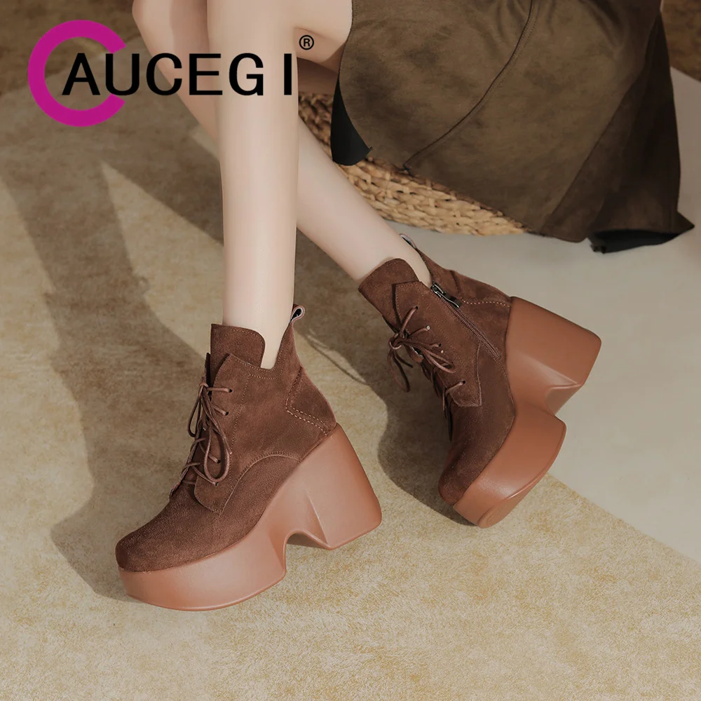 

Aucegi Retro Black Brown Cow Suede Ankle Boots Thick High Heels Platform Round Toe Lace-Up Daily Life Casual Knight Ladies Shoes