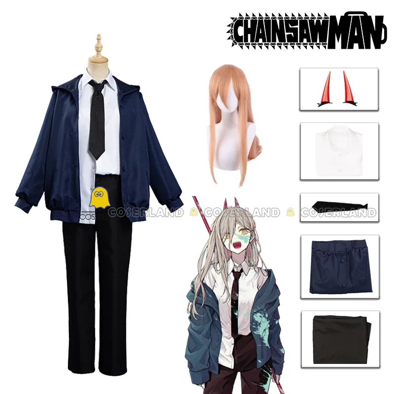 Power Cosplay Costume Wig Anime cosplay Blue Jacket Uniform Outfit Hairpins Blood Fiend Devil Makima Denji Halloween Women