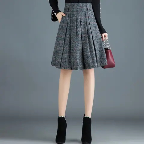 Elegant Plaid Woolen A- Line Midi Skirt Women's High Waist Full Circle Pleated Mid-Length Skirt Autumn Winter New Korean Style