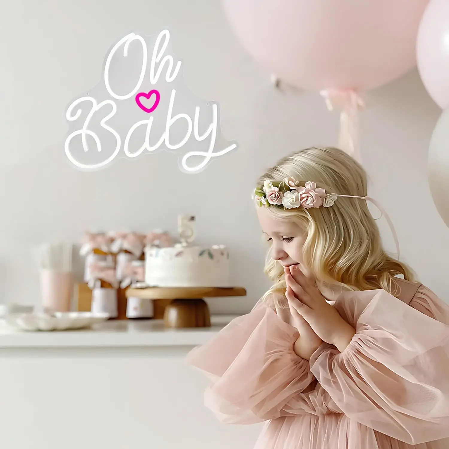Oh Baby Neon Sign White Pink Heart LED Wall Art Acrylic USB Dimmable Hanging Light Baby Shower Nursery Wedding Party Decor