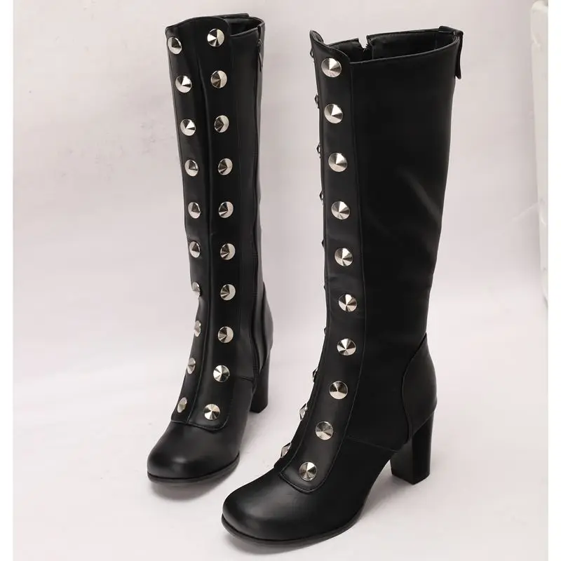 REAVE CAT Female Knee High Boots Round Toe Block Heels Zipper Large Size 44 45 46 Sexy Dating Banquet Tall Bota for Women Black view 4