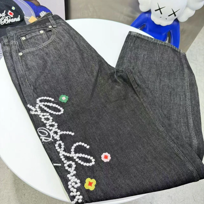 

Goodbrand Black Embroidery Pearl Jeans Classic Colorful Patch Floral Pants Men Women High Quality Casual Straight Loose Trousers