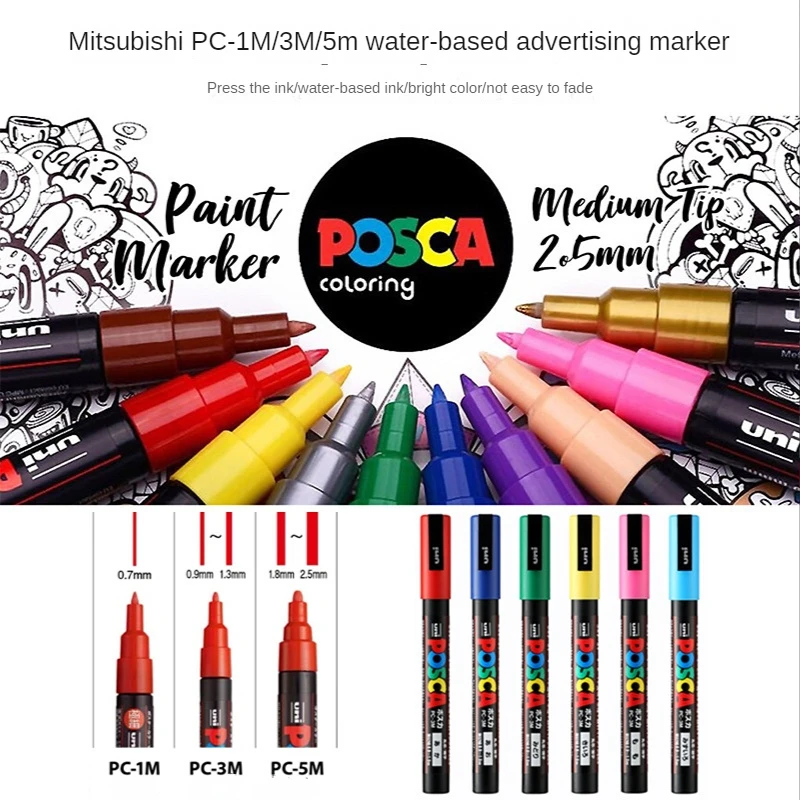 Japan UNI Posca Markers Poster Advertising Pen PC-1M/3M/5M POP Graffiti Pen Water-based Marker Pens Art Supplies School Supplies