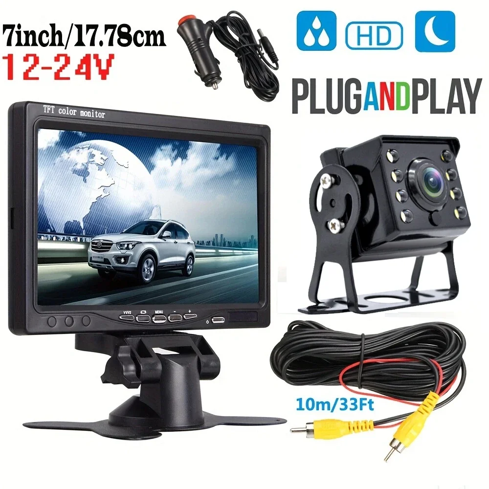 

7inch Monitor Backup Camera 12V-24V 18LED IR Rear View Truck Camera HD Display Parking Reverse System Set, For Pickup Van RV