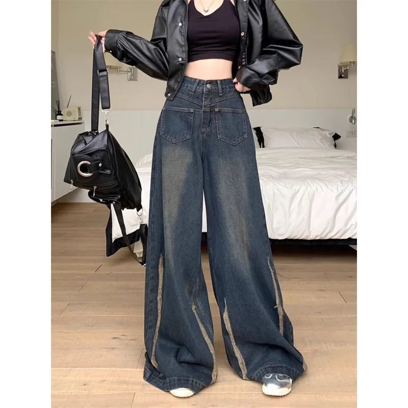 

Blue Women Jeans Spliced Streetwear Vintage Fashion Y2K High Waisted Wide Leg Jean Female Trouser Hip Hop Baggy Denim Pants